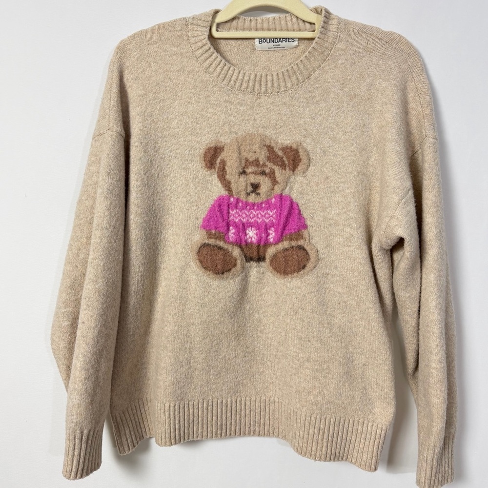 No Boundaries Beige Sweater with Pink Bear Design